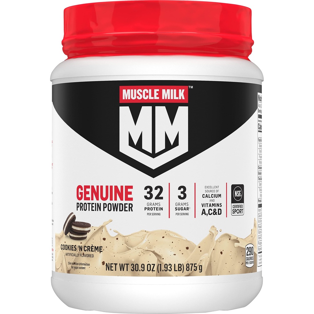 Lait musclé Poudre de protéines authentiques, Cookies 'N Crème, 1.93 livres, 13 portions, 32g Protéines, 3g Sucre, Calcium, Vitamines A, C & D, NSF certifié pour le sport, Energing Snack, Emballage May Vary