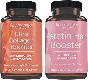 Réserve Ultra Collagen Booster & Keratin Booster Cheveux - Caractéristiques Dermaval, Biotin & Resvératrol - Soutien Cheveux et Peau - 90 Ultra Collagen Capsules, 60 Capsules Keratin
