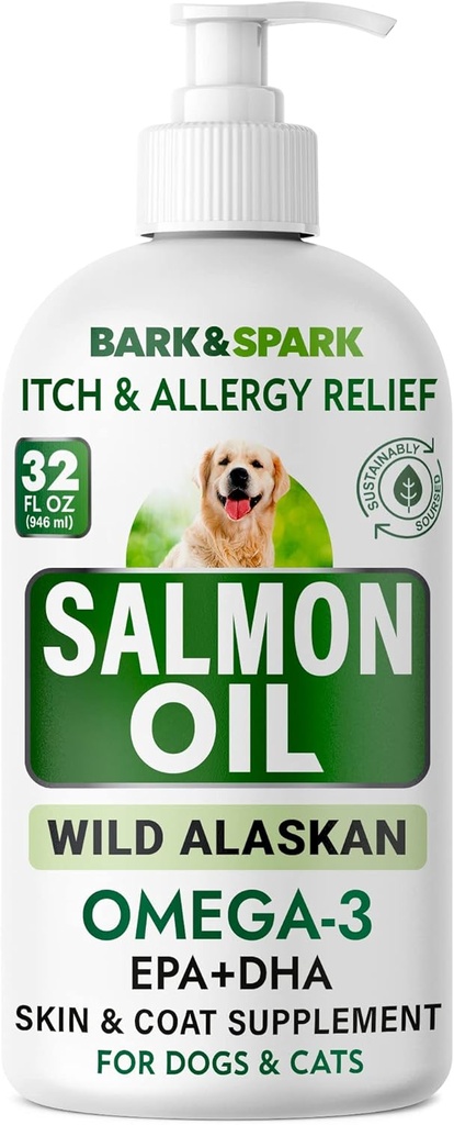 BARK&SPARK Huile de saumon pour chiens et chats - Huile de poisson Oméga-3 naturelle pour chiens - Soutien de la peau et du manteau - Complément alimentaire liquide pour animaux de compagnie - EPA+DHA Acides gras pour la fonction articulaire, Immune et la santé cardiaque 32oz
