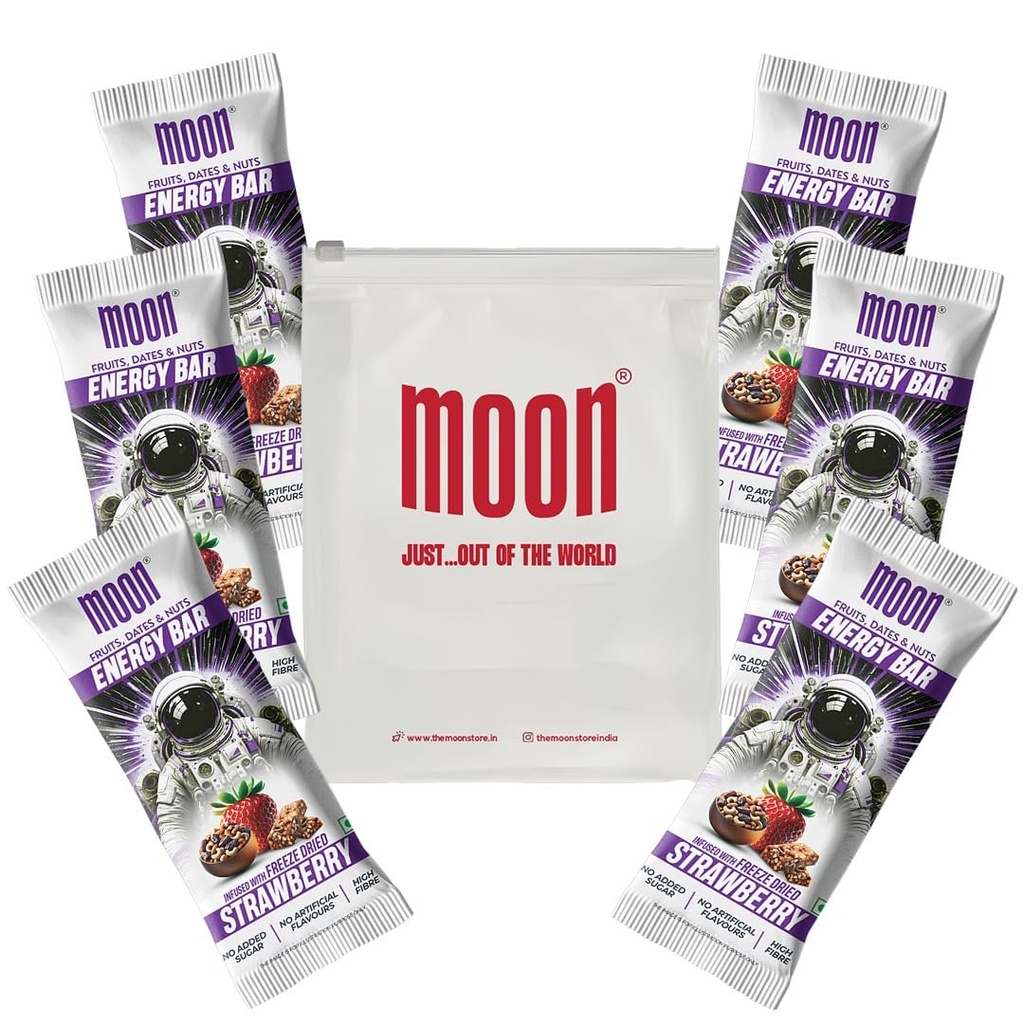 Moon Energy Bar Strawberry, 270g Pack (45g x 6 Bars), High Fibre, Freeze-Dried Fruits, Dates & Nuts, Nutritious, Fruit Bar Snack