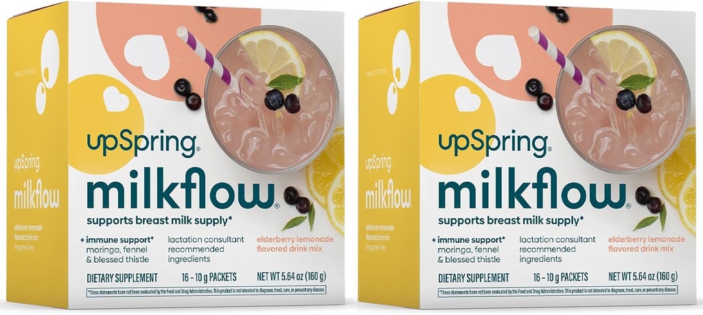 UpSpring Milkflow Immune Support Breastfeeding Supplement Drink Mix Fenugreek-Free, Moringa | Elderberry Lemonade Flavor | Lactation Supplement to Support Breast Milk Supply | 2 Pack