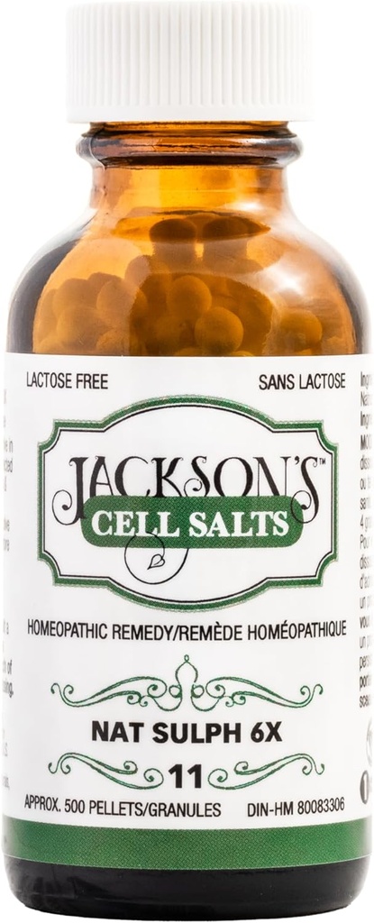 Jackson's #11 Sel cellulaire NAT Sulph 6X (500 bouteille de granulés) – certifié végétalien sans lactose Schuessler Sel de tissu Natrum Sulphicum 6X