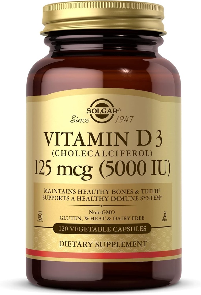 Solgar Vitamin D3 (Cholecalciferol) 125 mcg (5000 IU), 120 Vegetable Capsules - Helps Maintain Healthy Bones & Teeth - Immune System Support - Non-GMO, Gluten Free, Dairy Free, Kosher - 120 Servings