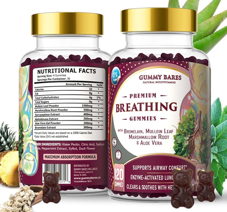 Mullein Gummies w/Marshmallow Root & Aloe Vera – Lung Cleanse & Mucus Removal with Bromelain, Nattokinase, Serrapeptase Detox 120 ct | Gummy Bares