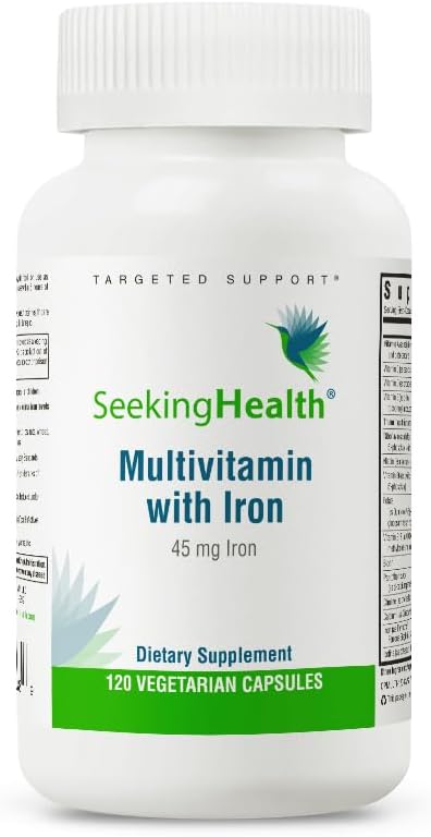 La recherche de la multivitamine de santé avec le fer, 45 mg de fer chélaté, Vitamines B actives plus L-5-MTHF, soutient le système immunitaire sain et la production d'énergie, capsules végétariennes (120 capsules)*