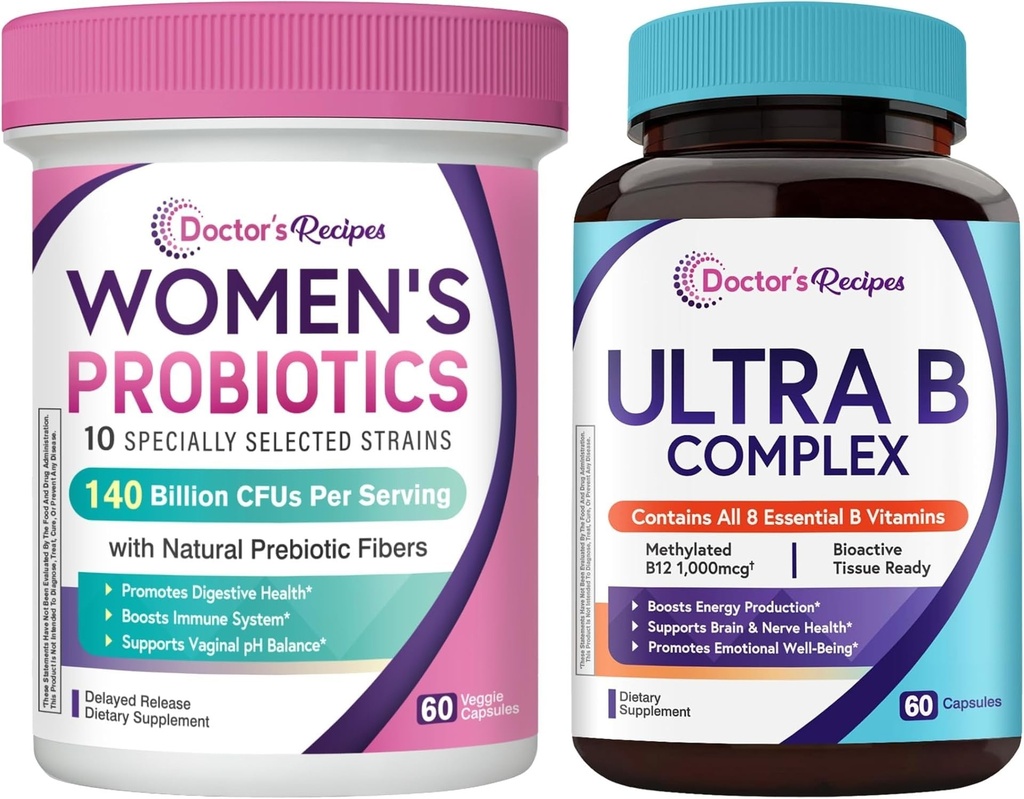 Doctor's Recipes Probiotics for Women + Ultra Vitamin B Complex Bundle, 140 Billion CFU Probiotics with Organic Prebiotics, 10 Strains, Plus All 8 Essential B Vitamins with B12 Methylcobalamin, Daily