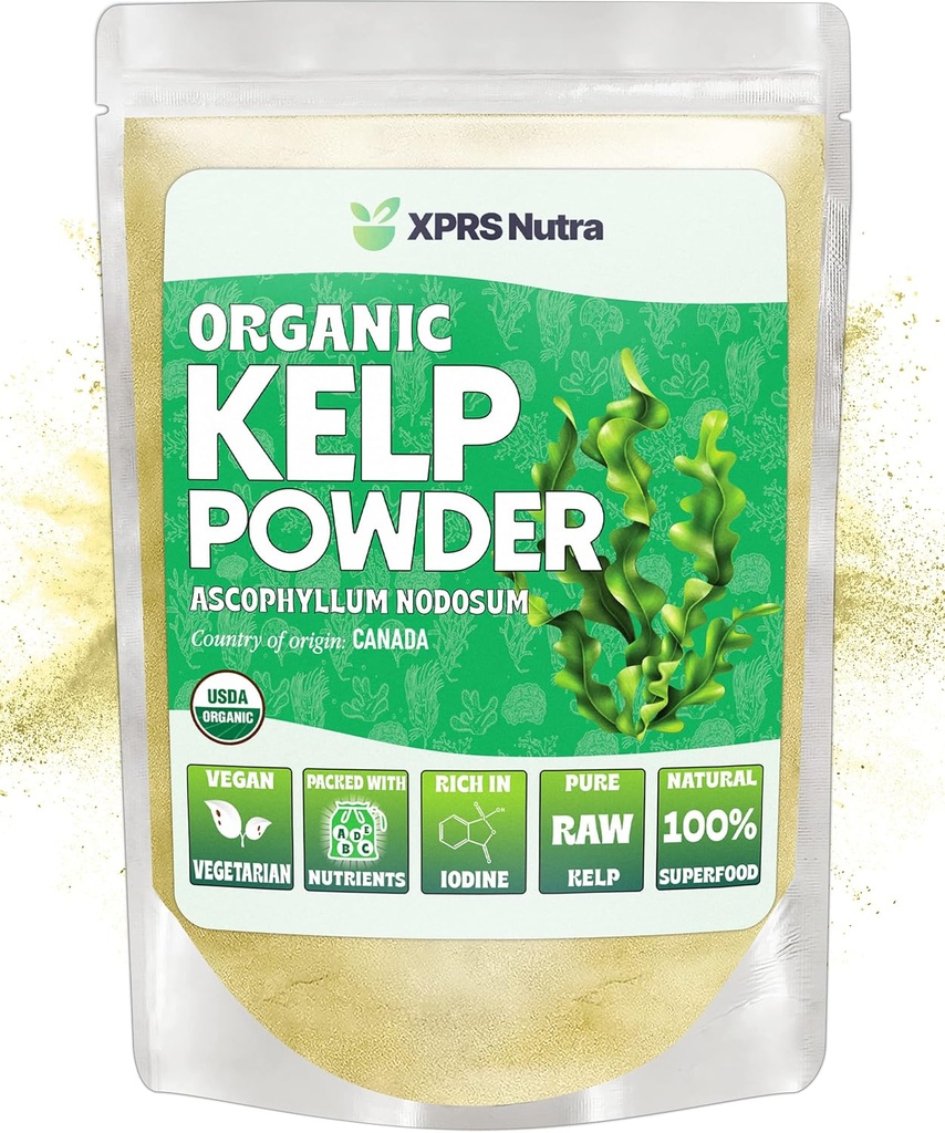 XPRS Nutra poudre de Kelp biologique (Ascophyllum Nodosum) - Poudre d'algues riches en iode, vitamines immunitaires et minéraux - supplément alimentaire de Kelp de mer Superfood végétalien pour soins de la peau (4 oz)
