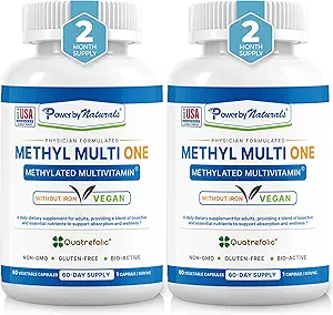 Power by Naturals Methyl Multi One – Multivitamine sans fer méthylée pour les hommes et les femmes avec B12 Methylcobalamin, P5P, Folate (5-MTHF), CoQ10 et Zinc pour l'énergie et le soutien MTHFR, 60 capsules (2-PK)
