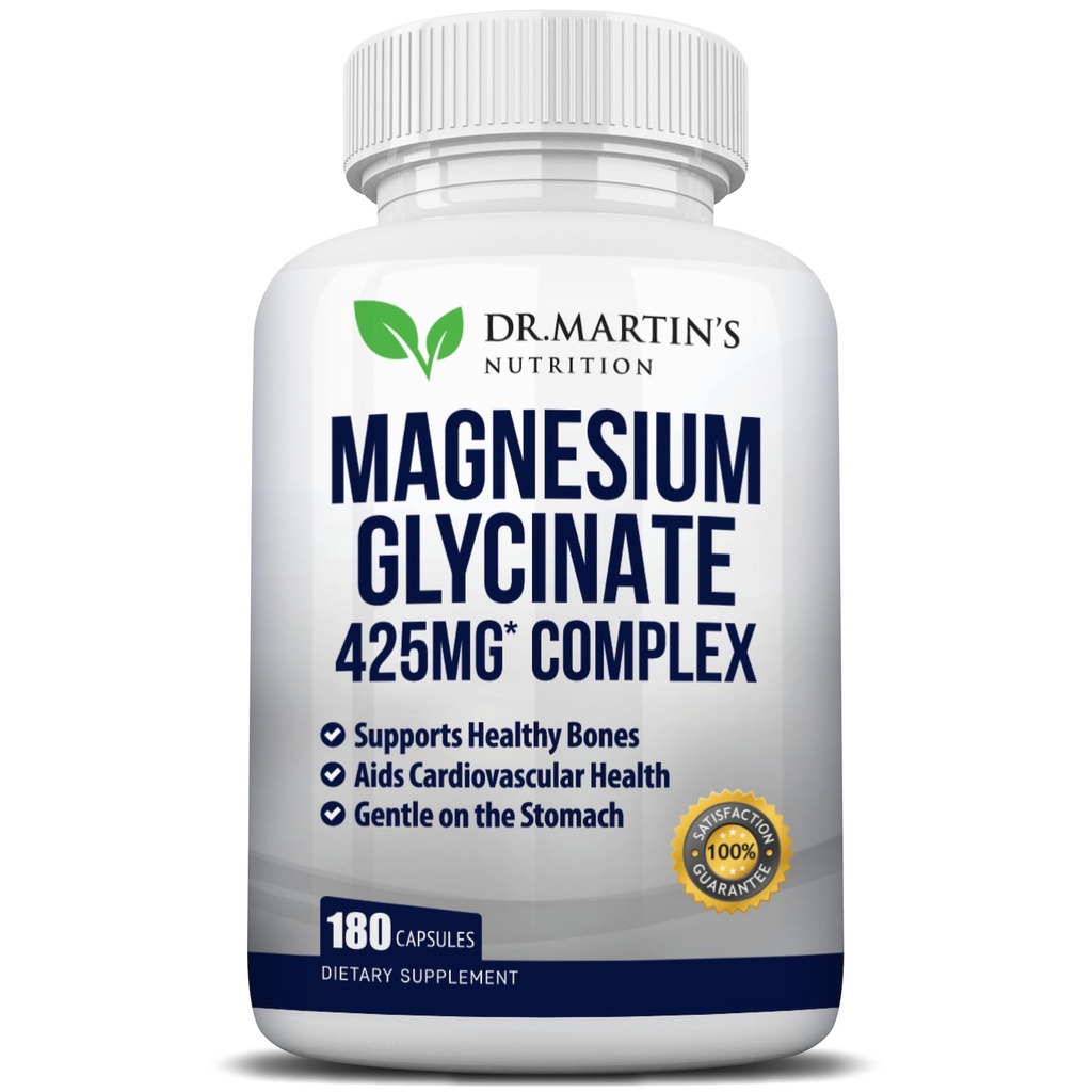 Premium Magnésium Glycinate 425mg - 180 Capsules Vegan - Aide avec le soulagement du stress, le sommeil, les crampes musculaires et le coeur en santé