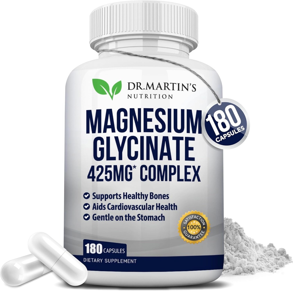 Premium Magnésium Glycinate 425mg - 180 Capsules Vegan - Aide avec le soulagement du stress, le sommeil, les crampes musculaires et le coeur en santé