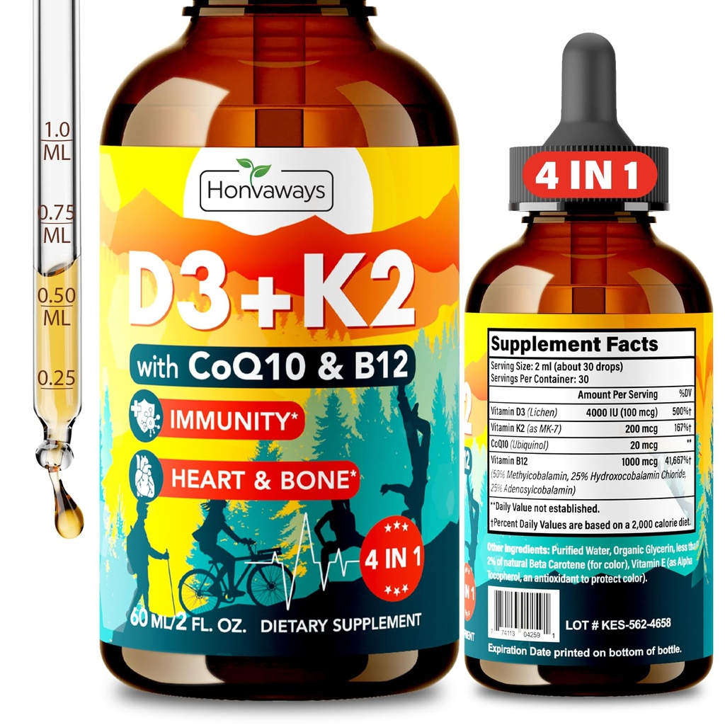 Vitamin D3 K2, Vitamin D3 K2 MK-7 4000 IU Liquid Supplement with CoQ10 & B12 for Bone Density, Heart Support, Overall Health, High Absorption VIT D3 and K2 Drops Supplements for Women & Men, 2 Fl Oz