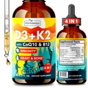 Vitamin D3 K2, Vitamin D3 K2 MK-7 4000 IU Liquid Supplement with CoQ10 & B12 for Bone Density, Heart Support, Overall Health, High Absorption VIT D3 and K2 Drops Supplements for Women & Men, 2 Fl Oz