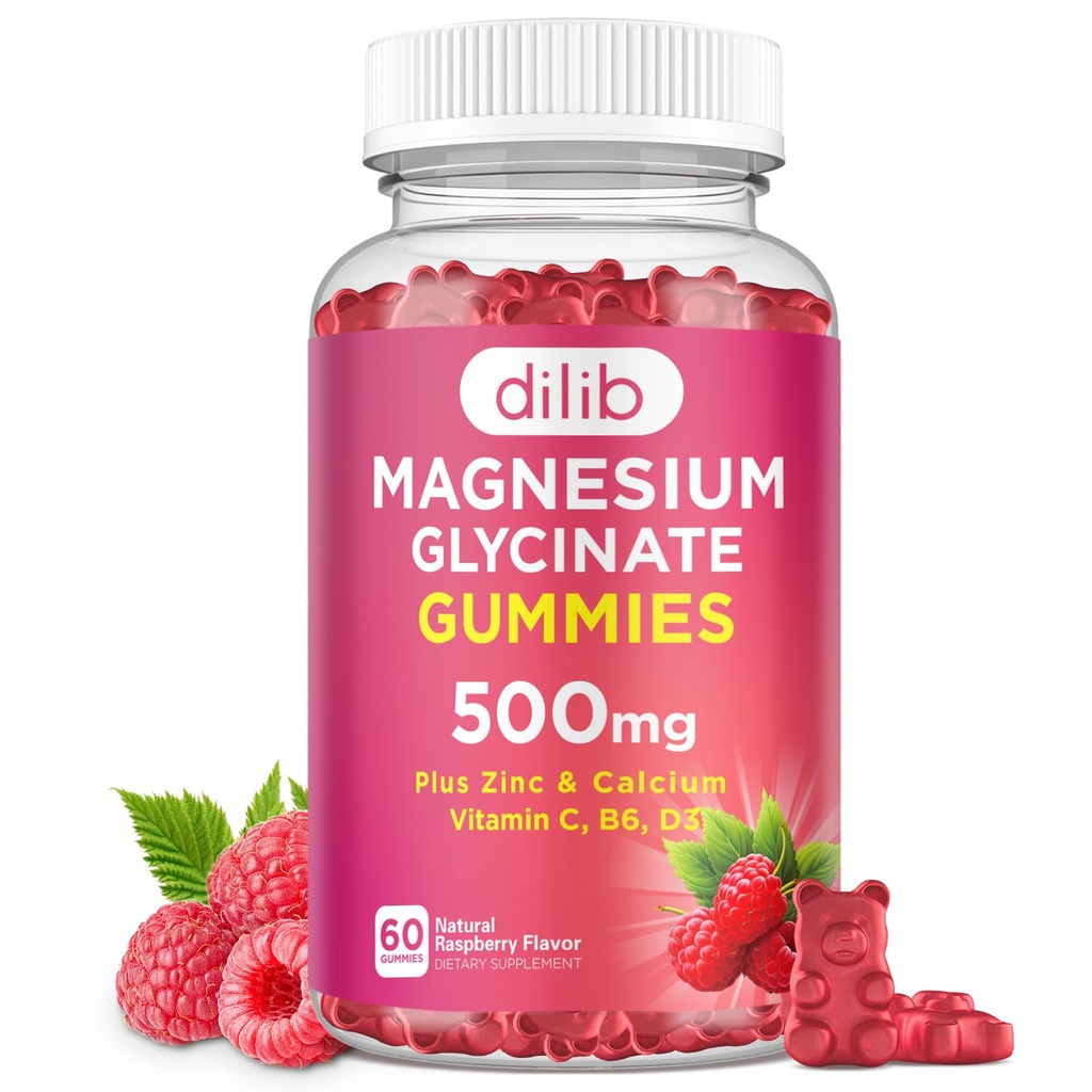 Glycinat de magnésium Gommies 500mg Supplément de magnésium avec Calcium, Zinc, Vitamine C, B6, D3-Calm Gummies à croquer pour les enfants et les adultes-Dormez, Mood & Muscle Support-Raspberry Flavor, 60 Gummies