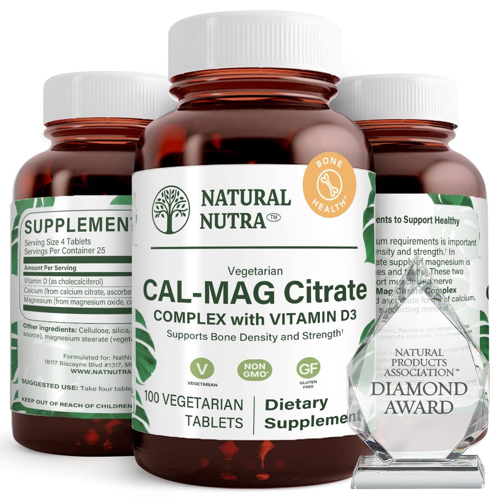 Natural Nutra Cal-Mag Citrate with Vitamin D3,1000/500 mg Complex, Strengthen Bone Density, Muscle and Nerve Health, Help Maintain Healthy Teeth, Highly Bioavailable Sources, 100 Vegan Tablets