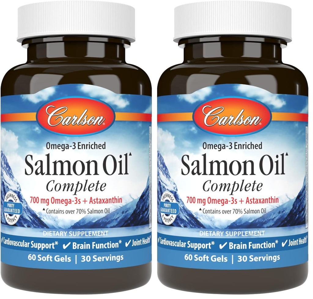 Carlson - Salmon Oil Complete, 700 mg Omega-3s + Astaxanthin, Cardiovascular Support, Brain Function & Joint Health, 60 Softgels (Pack of 2)
