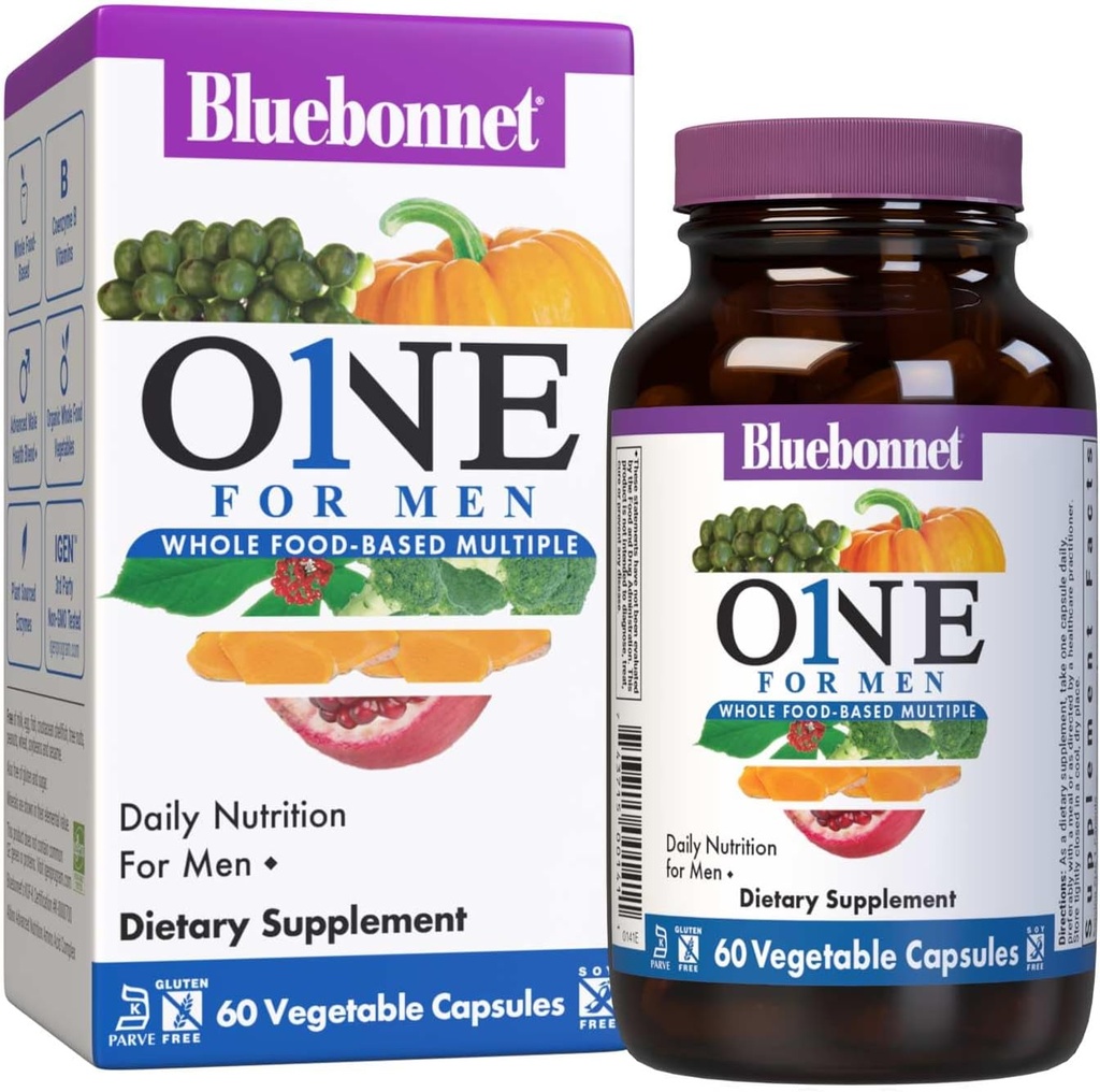 Bluebonnet Nutrition Hommes Une capsule végétale, aliments entiers multiples, K2, biologique, énergie, vitalité, non-OGM, sans gluten, sans soja et sans lait, casher, approvisionnement de 3 mois, 90 comte