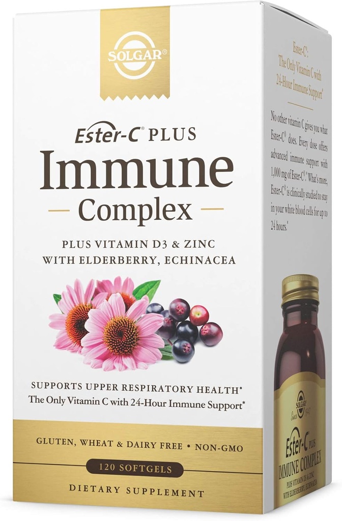 Complexe Solgar Ester-C Plus Immune -120 Softgels, soutien immunitaire 24 heures sur 24, soutient la santé respiratoire supérieure - Plus D3, Zinc, Elderberry & Echinacea - Non-OGM, sans gluten, sans produits laitiers - 60 portions,