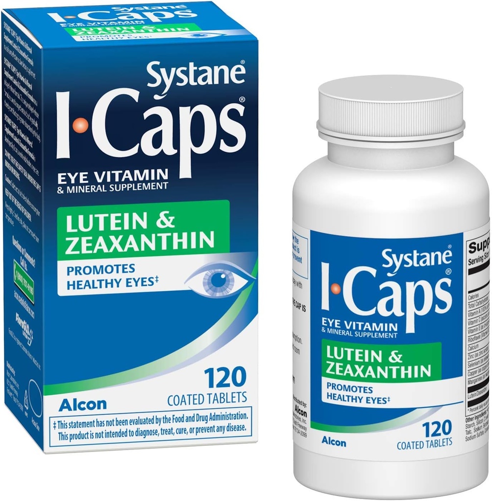 Systane ICaps Vitamine oculaire et supplément minéral, Lutéine et Zeaxanthin Formule, 120 comprimés enduits