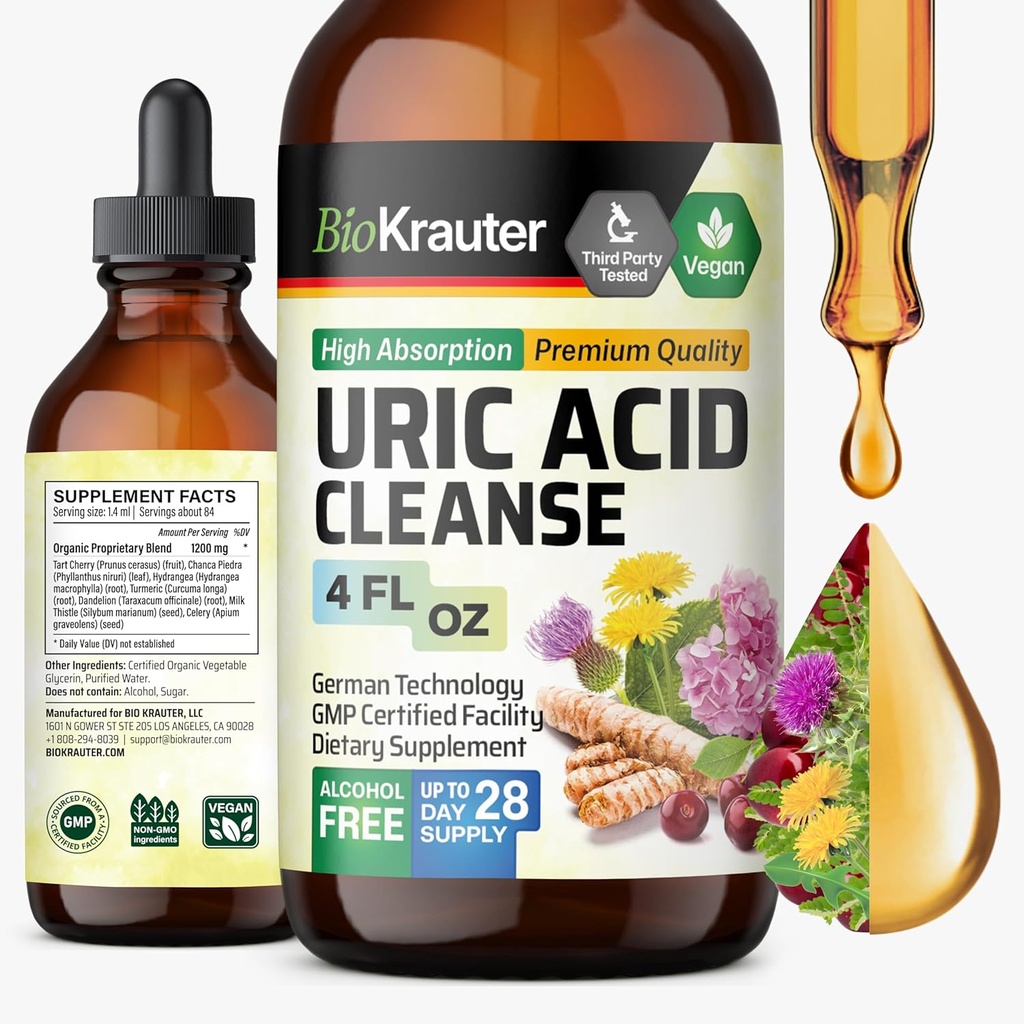 BIO KRAUTER Uric Acid Support Teinture - Supplément naturel de rein avec cerise, chardon de lait, extraits liquides à base de plantes curmériques - gouttes véganes 4 Fl.Oz.