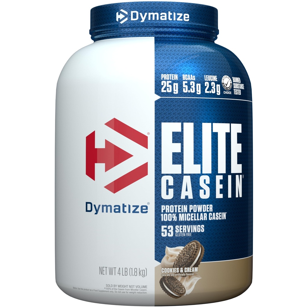 Dymatiser la poudre de protéines de caséine Elite, les cookies et la crème, 100 % de caséine micellaire, 25g de protéines, 5,4g de BCAA, 2,3g de Leucine, absorption lente pour la récupération musculaire nocturne, 4 lb (53 portions)