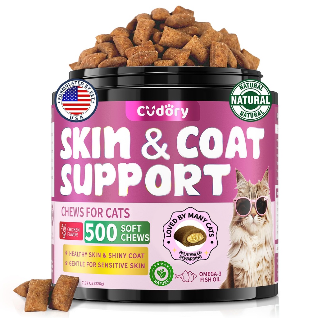 Omega 3 for Cats, Skin & Coat Support, 500 Count Crunchy & Creamy | Omega 3 Fish Oil for Cats, Cat Skin and Coat Supplement with Biotin and Vitamin E, Chicken Flavor Cat Vitamins for All Ages