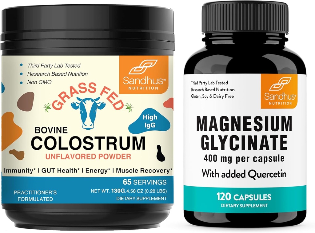 Sandhu's Colostrum Powder & Magnésium Glycinate Complex avec des capsules Quercetin.