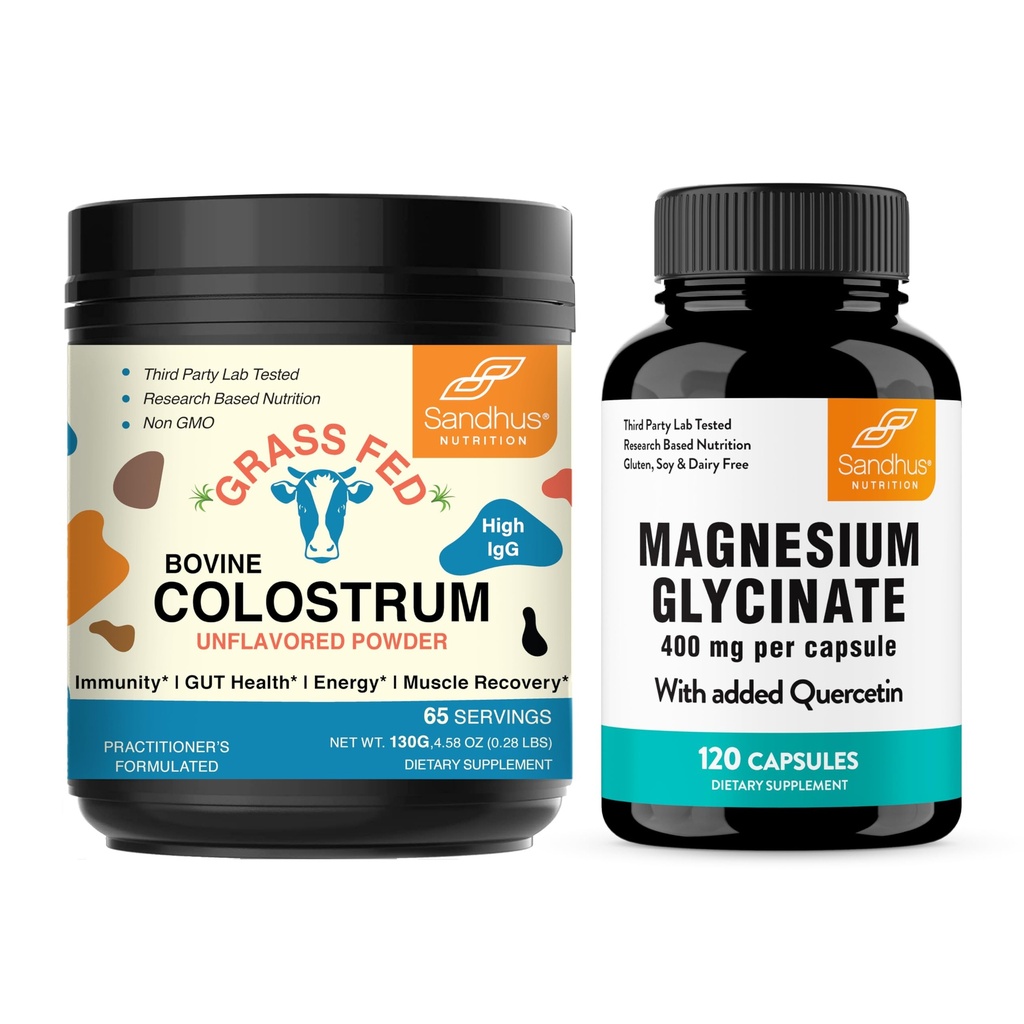 Sandhu's Colostrum Powder & Magnésium Glycinate Complex avec des capsules Quercetin.