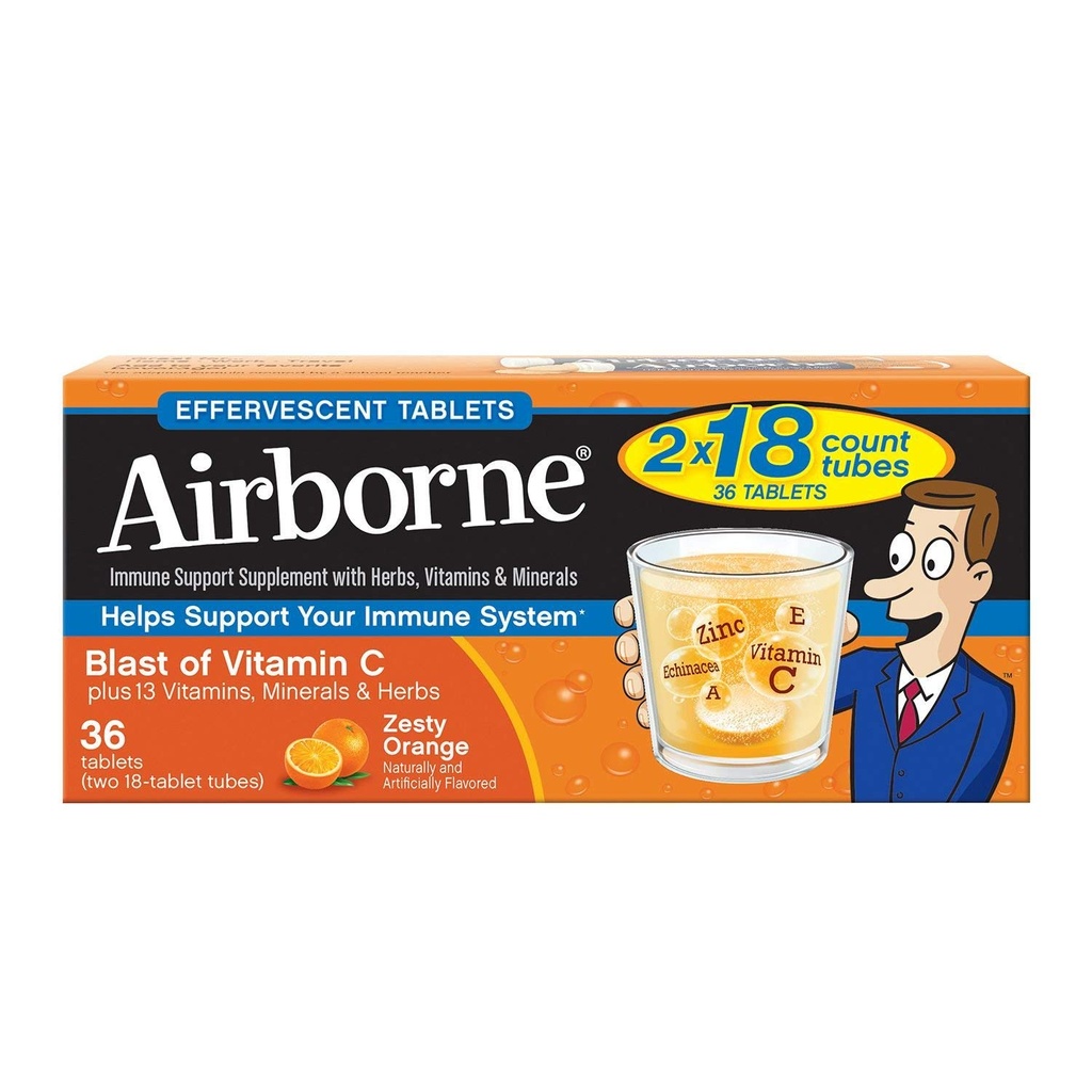 Vitamine C 1000mg (par portion) - Comprimés effervescents d'orange zeste aéroportés (36 nombres dans une boîte), Supplément de soutien immunitaire sans gluten et haut en antioxydants