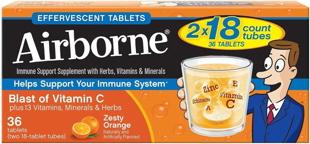 Vitamine C 1000mg (par portion) - Comprimés effervescents d'orange zeste aéroportés (36 nombres dans une boîte), Supplément de soutien immunitaire sans gluten et haut en antioxydants