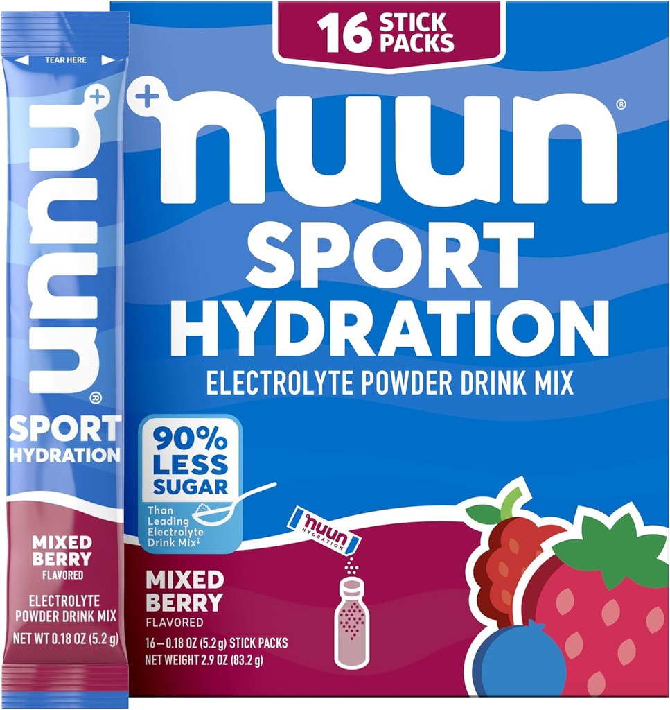 Nuun Sport Electrolyte Powder Packets avec Magnésium, Calcium, Potassium, Chlorure, et Sodium, Packs d'hydratation pour le voyage, mélange de saveur de baie, sans gluten et végétalien, 16 portions simples