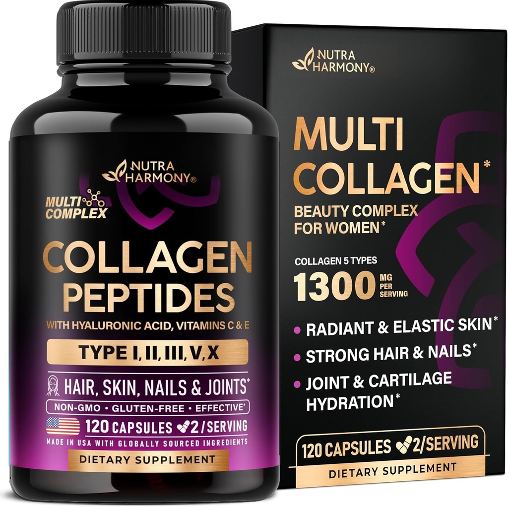 Peptides multicollagènes - Hydrolysés Types I, II, III, V & X - Supplément de collagène pour femmes 1300mg - avec acide hyaluronique, vitamines C & E - peau, cheveux, ongles et soutien articulaire - Fabriqué aux États-Unis, 120 Capsules