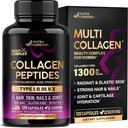 Peptides multicollagènes - Hydrolysés Types I, II, III, V & X - Supplément de collagène pour femmes 1300mg - avec acide hyaluronique, vitamines C & E - peau, cheveux, ongles et soutien articulaire - Fabriqué aux États-Unis, 120 Capsules