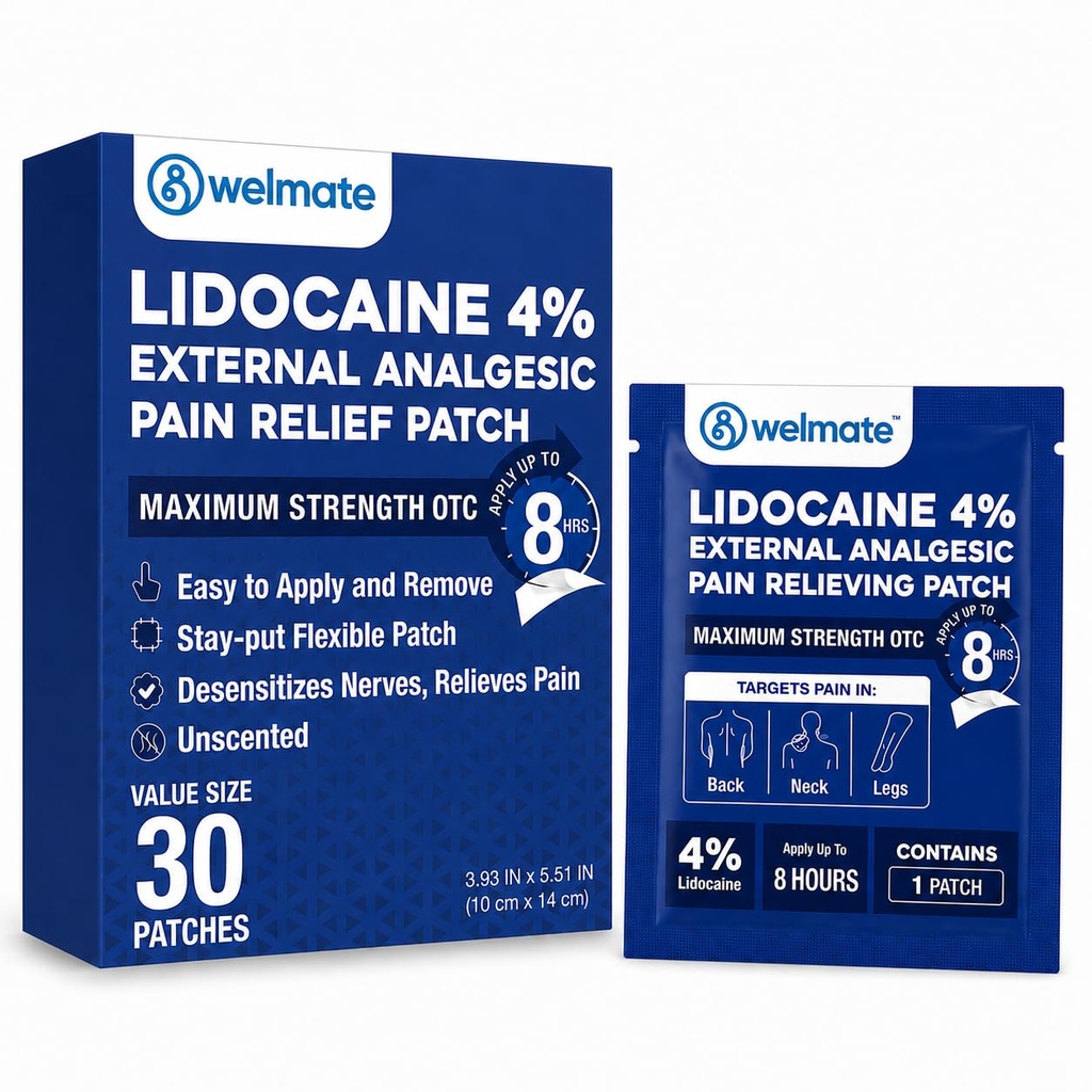 WELMATE - 4 % Lot de numération de la lidocaïne - Force maximale - Soulagement temporaire de la douleur, du dos, du cou, des épaules, des genoux, des ormeaux, des irritations cutanées mineures - Sujet Analgésique Non parfumé - 30 ct