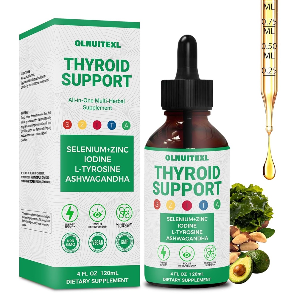 Thyroid Support Liquid Drops for Women & Men, 120 ML | Natural Herbal, Immune Support, Thyroid Balance, Iodine, Selenium, Zinc, Ashwagandha, L-Tyrosine, Sugar-Free, Non-GMO