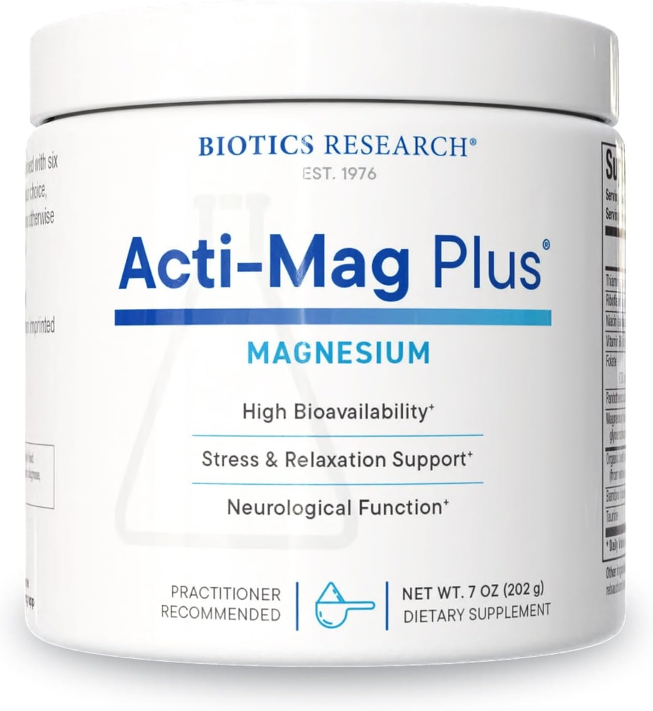 Recherche en biotique Acti-Mag PlusTM Très biodisponible Formule en poudre 400mg de magnésium, 5g / portion, optimise la réponse au stress, favorise la relaxation, les niveaux d'énergie sains, le confort musculaire 7 Oz