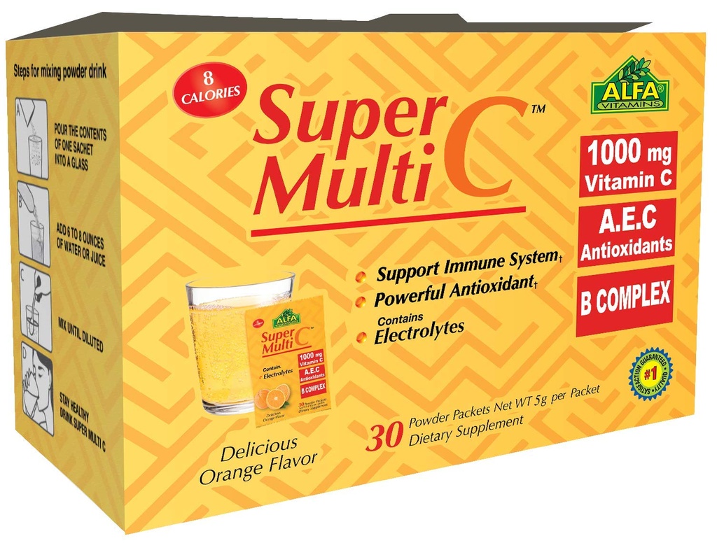 ALFA VITAMINS Super Multi C, Vitamin C Powder and Multivitamin Supplement Premium Quality Source of Nutrients, Minerals, Antioxidants & Electrolytes - 30 Packets