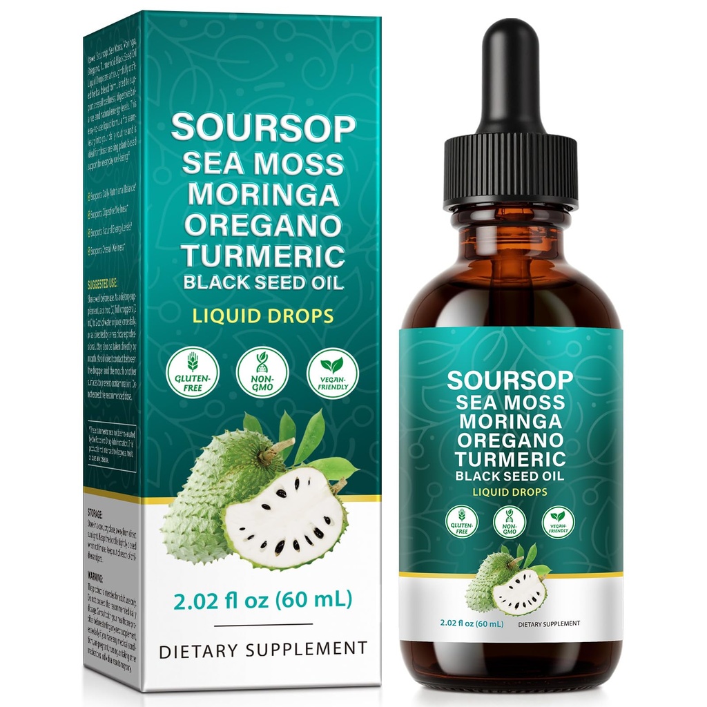 Soursop Bitters Liquid Drops with Soursop Extract, Ashwagandha, Sea Moss, Oregano, Black Seed Oil, Turmeric & Moringa Support Immune Wellness Antioxidant & Digestion Healthy, 2 FL Oz
