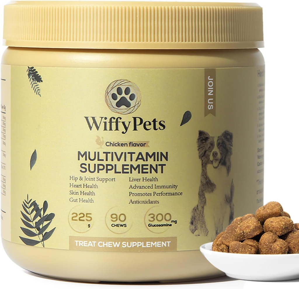 Multivitamine de chien 11-en-1 pour petit, moyen et grand chien de race, Vitamines et suppléments de chien, Mélange de vitamine pour la peau et le manteau par WiffyAnimaux, Immunité Boosts