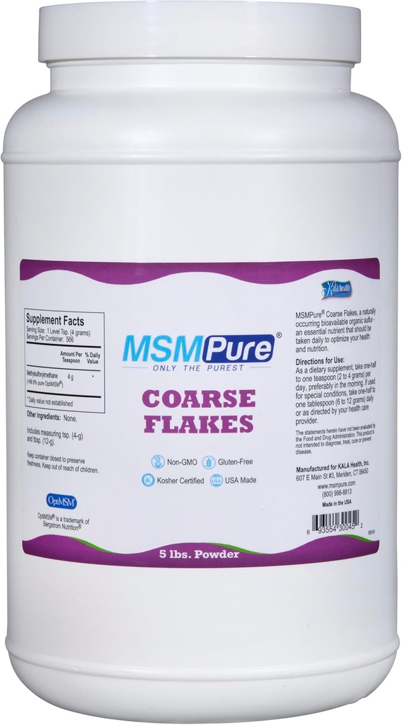 KALA HEALTH MSMPure Coarse MSM Powder Flakes – US-Fabriqué MSM pour la santé articulaire, l'apparence de la peau et le soutien des cheveux et ongles – 5 lb, soufre organique