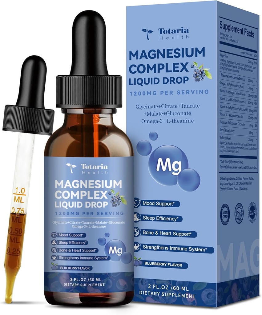 21 en 1 Magnésium Glycinat complexe goutte liquide avec vitamine D3,K2,B6 et B12 Plus L-Theanine Omega-3 Extrait de mousse de mer pour l'énergie, sommeil, conjoint, santé du coeur sucre sans saveur de bleuets, 2 Fl Oz
