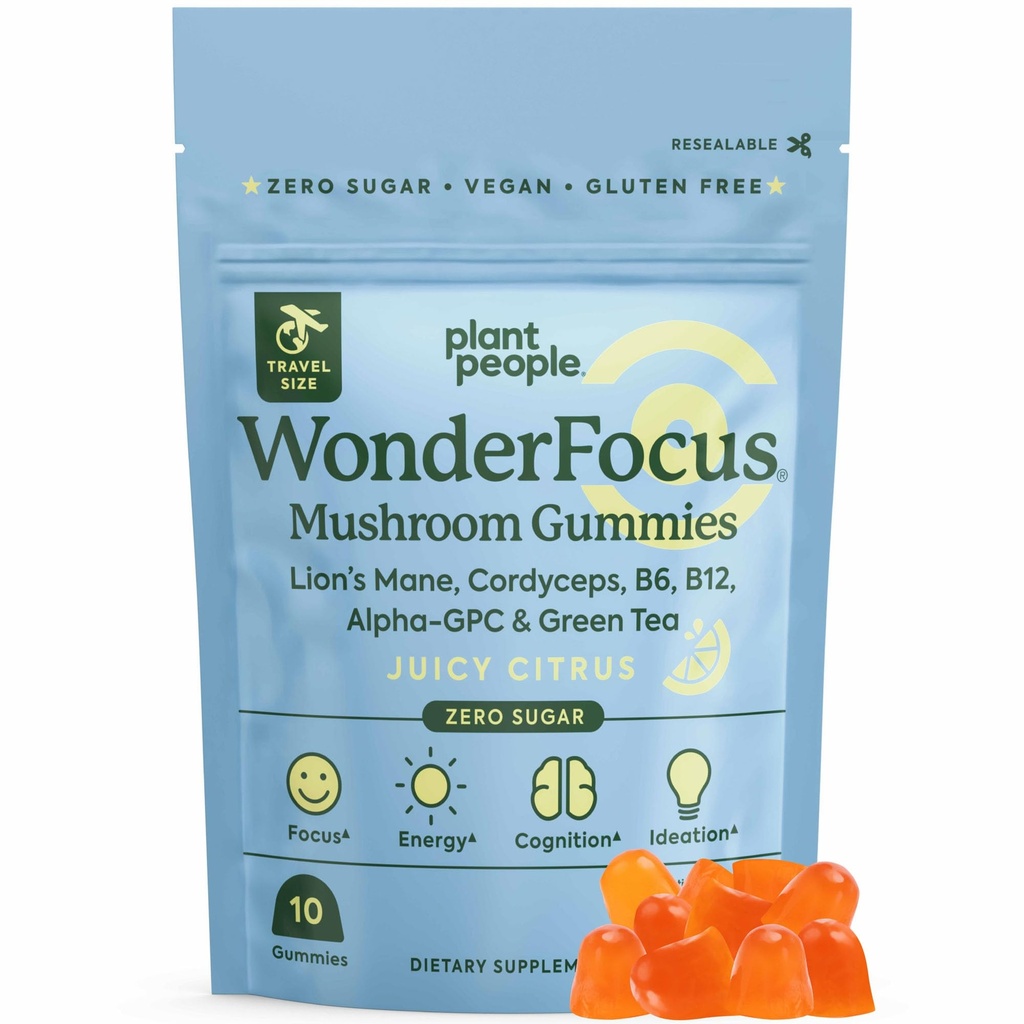 Plant People WonderFocus Champignons Gommies Mini avec Lion, Mane & Cordyceps Supplément Cerveau Nootropique booste Mémoire Focus Énergie et humeur chez les adultes Pas de sucre 100% Vegan Citrus Flavor Trial Taille