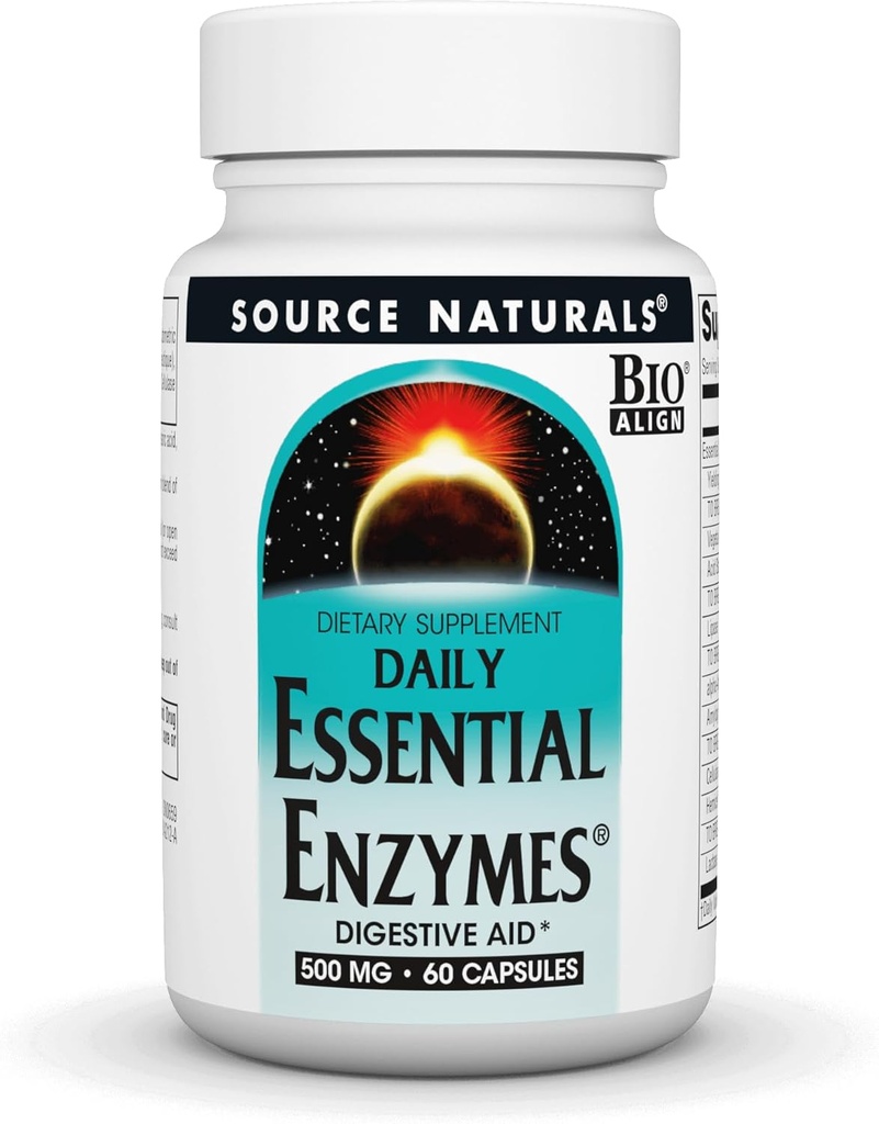 Source Naturals Enzymes essentiels 500mg Bio-aligné complément enzymatique multiple Défense à base de plantes pour la digestion, le gaz, la constipation et le dégel - soutient un système immunitaire fort - 60 capsules