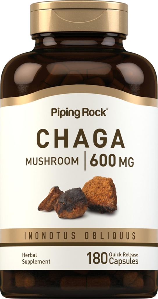 Piping Rock Chaga Mushroom Capsules | 600mg | 180 Count | Herbal Supplement | Non-GMO, Gluten Free