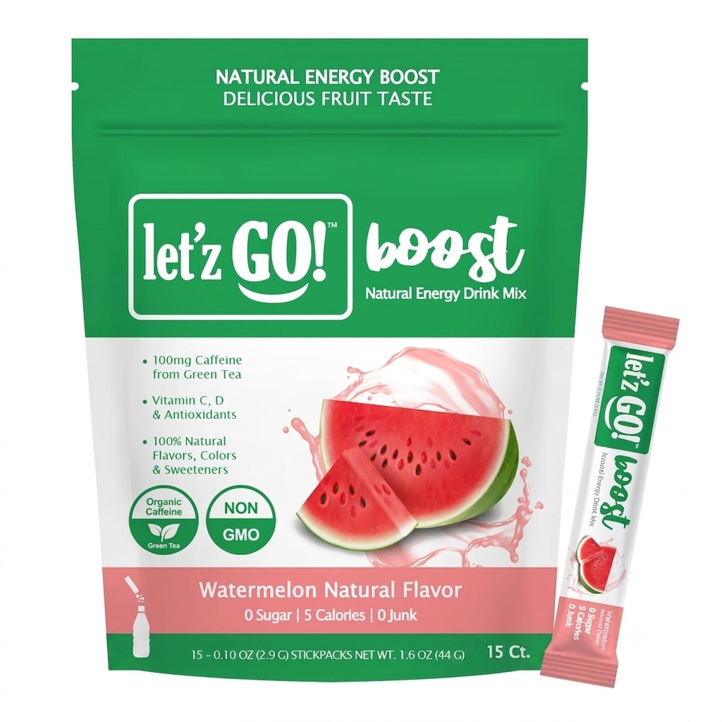 Let'z Go Clean Energy Drink Mix – Natural Caffeine Packets, Vitamins C + D, Electrolytes, Sugar-Free, Zero Calories | Anytime Energy | 15 Count (Watermelon)