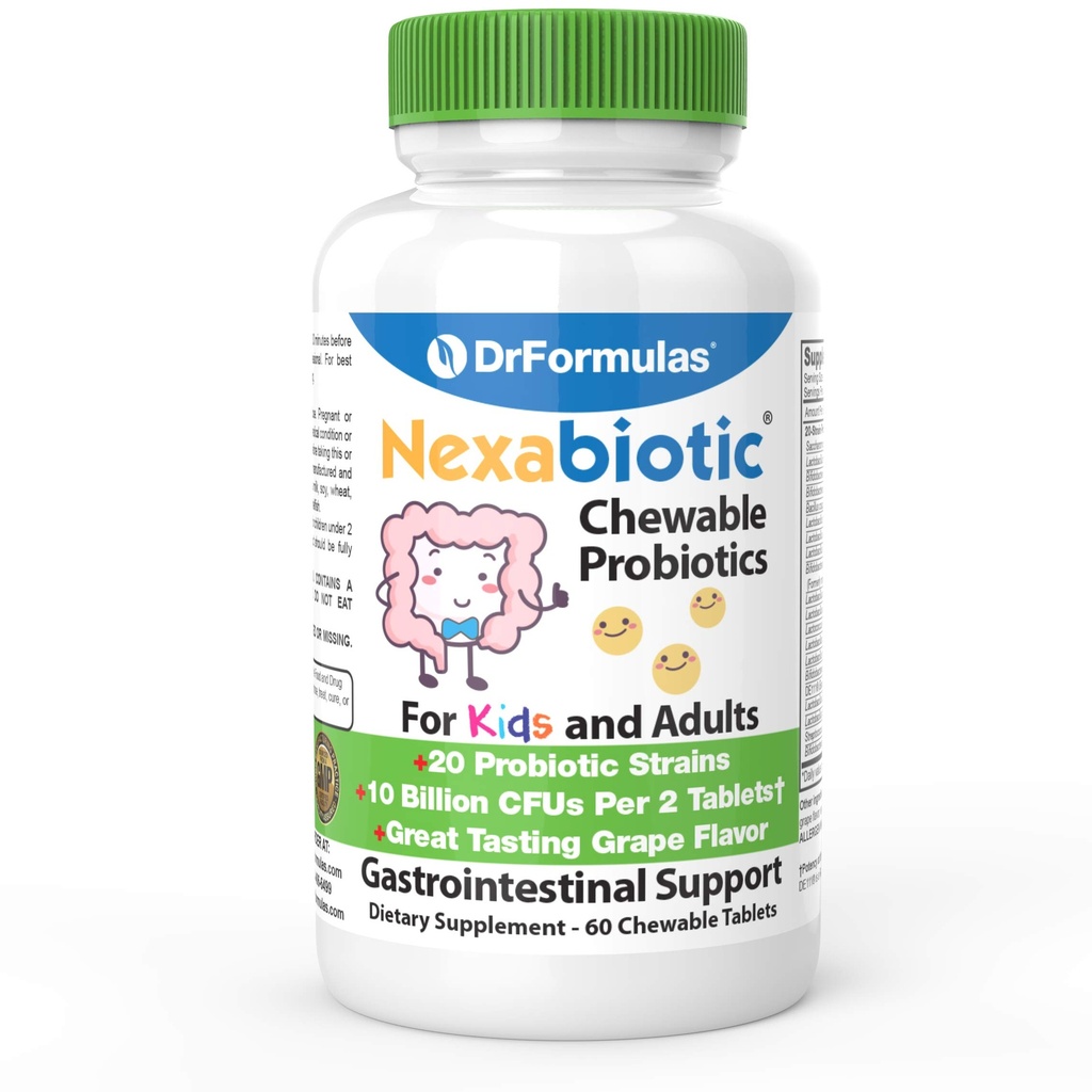 DrFormulas Probiotiques à croquer pour les enfants et les adultes pour la santé buccodentaire, la mauvaise haleine et une meilleure digestion 20 Multi souche - S boulardii, Lactobacillus plantarum et Bifidobacterium infantiles, 60 Chews