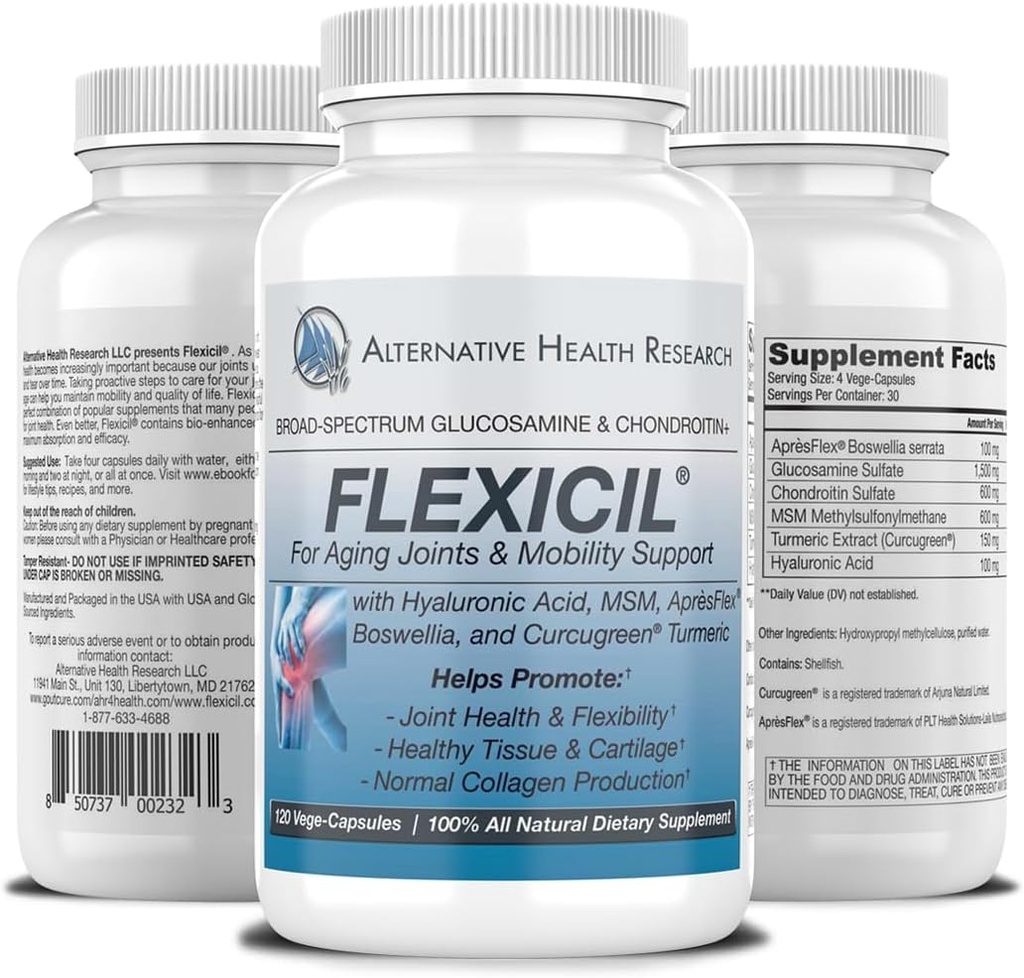 Flexicil Advanced Joint Mobility & Support (en anglais seulement) Glucosamine, Chondritine, MSM, acide hyaluronique, curcuma, Boswellia (en anglais seulement)