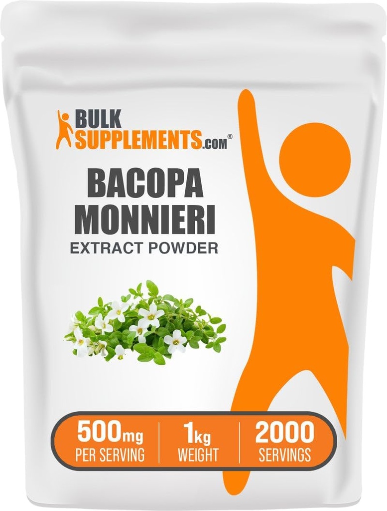 BulkSupplements.com Poudre d'extrait de Bacopa - Supplément de Bacopa Monnieri, Supplément à base de plantes - Vegan & Gluten Free, 500mg par portion, 1kg (2,2 lbs) (paquet de 1)