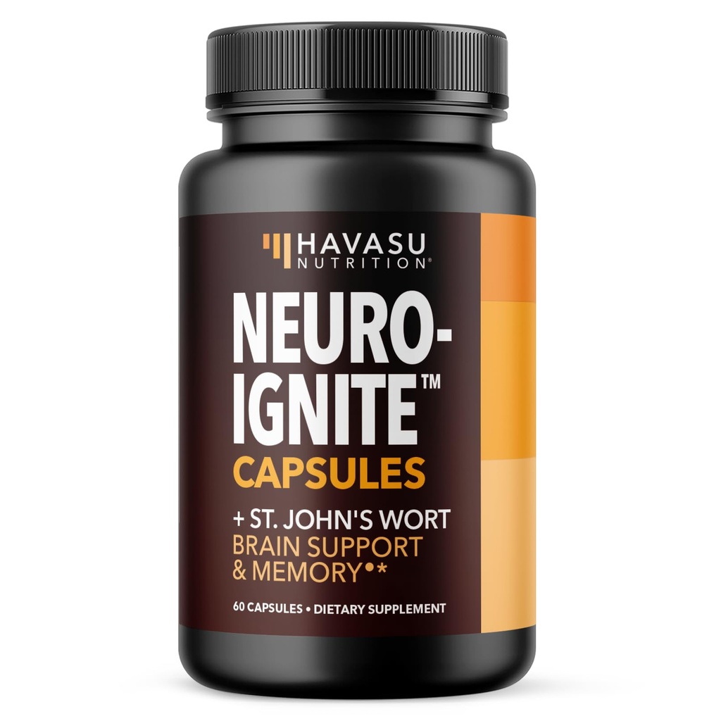 Suppléments Cerveau NeuroIGNITE pour mémoire et focus - Compte 60 - Supplément Cerveau Nootropique avec le millepertuis, Ginkgo Biloba, Bacopa, Phosphatidylsérine - Capsules non OGM, 2 mois d'approvisionnement