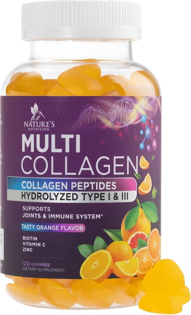 Peptides de collagène Gommies avec 2500 mcg Biotine - Supplément de protéines hydrolysées de type I et III multi collagène avec vitamine C et zinc - Support pour cheveux, peau, ongles, goût d'orange savoureux - 120 Gommies