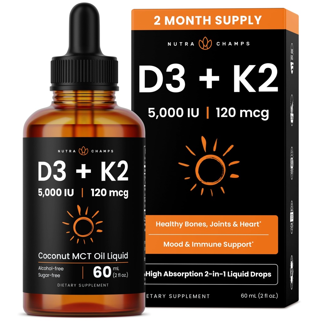 NutraChamps Vitamine D3 K2 gouttes, Vitamine liquide D3 5000 UI et K2 D3 avec MK7, Vitamine D gouttes pour les enfants, les os, le coeur et la santé immunitaire, Vitamine liquide D dans l'huile MCT pour une meilleure absorption